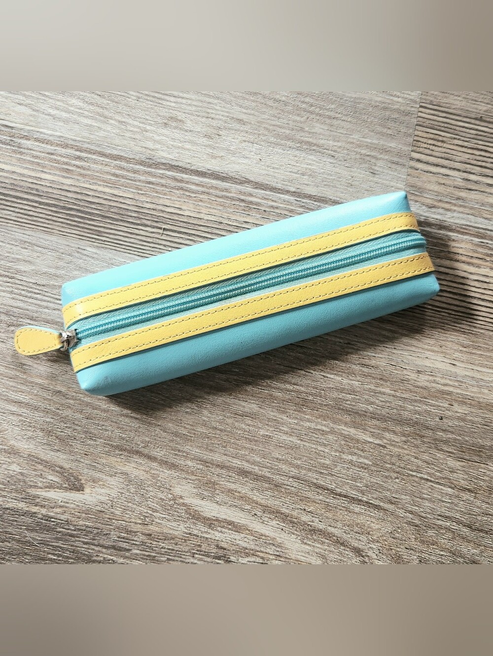Baekgaard Tiffany Blue Yellow Leather Pencil Multi Purpose Case Zip Closure